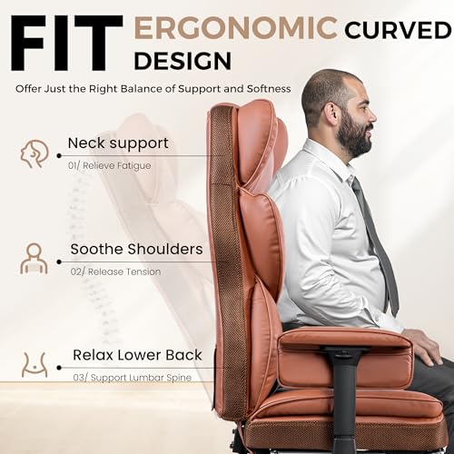 Big and Tall Office Chair - 400 LBS Capacity Executive Chair with High Back & Footrest, Ergonomic Office Chair for Heavy People, Wide Padded Seat Computer Gaming Chair, Brown