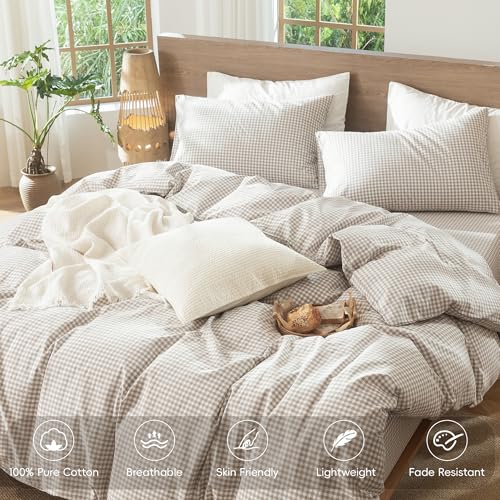 Image of MooMee Gingham Duvet Cover Set 100% Washed Cotton Linen Like Oversized King | Relaxed Linen-like Texture. Soft, Breathable & Long-lasting Comfort. Lightweight. Hidden Zipper with 8 Interior Corner Ties