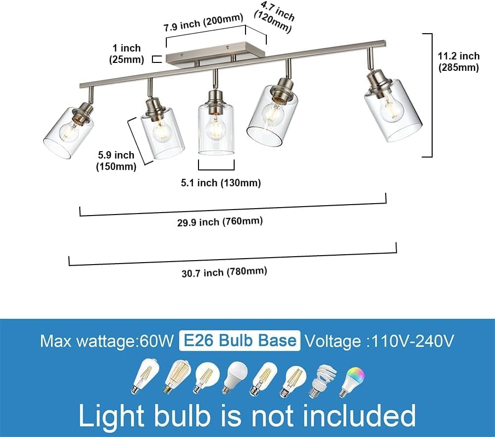 Modern Track Lighting Fixture Ceiling,5 Light Bathroom Vanity Light Brushed Nickel Track Lighting Kit Ceiling Lighting with Flexibly Rotatable Light Head for Kitchen,Clear Glass Shade