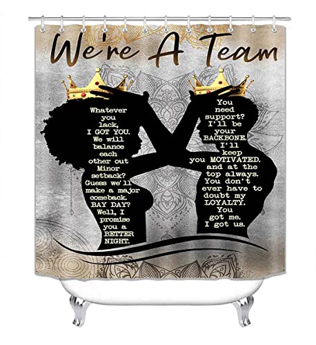Fashion&Man Olebety 4Pcs African American Shower Curtain Set, Romanticcouple Black Queen King Luxury Goldcrown Grey Mandala Flower Inspirational Quotes Bathroom Decor, Non-Slip Bath Mat, We're A Team #TOP1