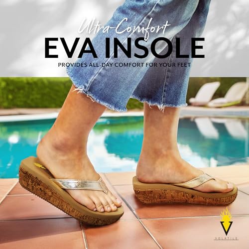 Image of Volatile Neville Wedge Sandals for Women Featuring Soft Webbed Textile Thong Post, Padded Lining, and Slip-On Wedge Style