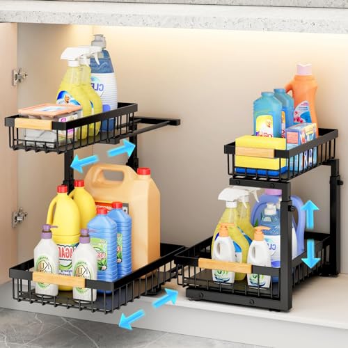 2 Pack Kitchen Storage & Organisation, 2 Tier Under Sink Organiser, Metal Sliding Drawer with Unique Slide Rail, Adjustable Height, Suction Cups and Tapes Fixed, For Kitchen Bathroom Pantry Cabinet