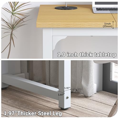 Image of NSdirect 63 inch Computer Desk,Large Home Office Desk Wide Workstation 1 inch Thicker Tabletop for Writing,Games and Home Work PC Desk Modern Finish Wood Board and Sturdy Steel Legs,Oak+White