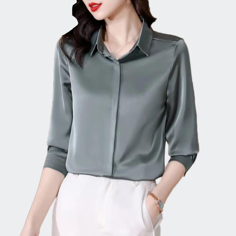 Women's Simple Solid Long Sleeve Shirt Vintage Autumn Spring Clothing Korean Style Satin Silk Blouse Office Top