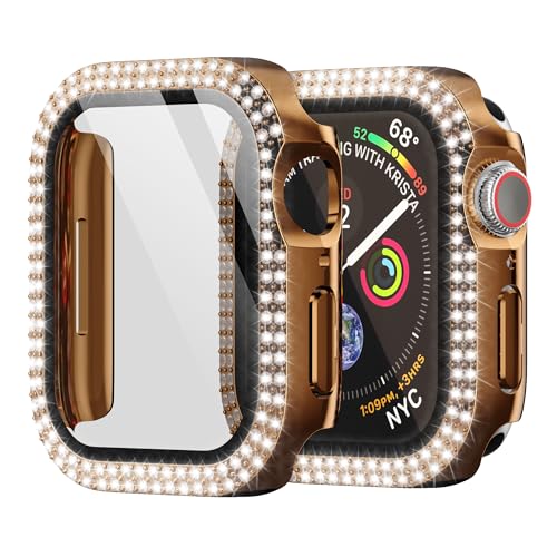 HIDOOING Bling Case for Apple Watch Series 9/8/7 41mm, Woman Glitter Diamond Rhinestone Protective Case with Tempered Glass screen protector cover for Apple Watch Series 9/8/7 41mm,Rose Gold