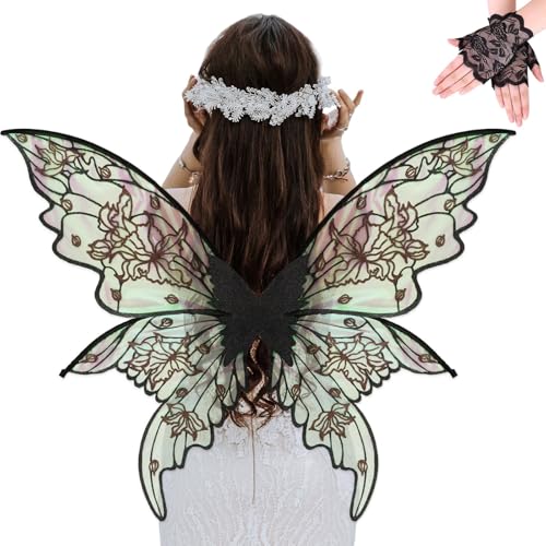 YKW Fairy Wings Adult Costume Set Organza Butterfly Iridescent with Lace Gloves Women Halloween Cosplay Party Angel Dark (Black)