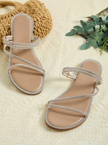 GORGLITTER Glitter Sandals Sparkly Flat Sandals Rhinestone Open Toe Slide Dressy Shoes 5