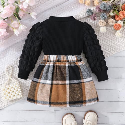 Image of Noubeau Toddler Girls Plaid Outfits Girls Puff Sleeve Knit Ribbed Shirt Tops Plaid Skirt Set Kids Fall Winter Clothes