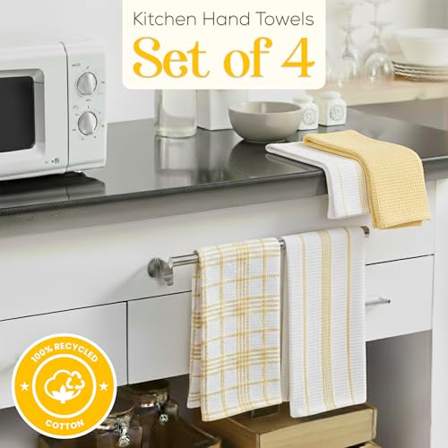 Image of Kitchen Towels Set of 4 Dish Towels Yellow n White Waffle Weave Cotton Hand Towels, 18 x 28 Absorbent Kitchen Linens