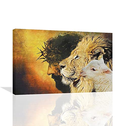 citari Jesus And Lion Lamb Canvas Wall Art Pictures for Christian God Decor of Judah Poster Religious Painting Modern Framed Artwork Bedroom Living Room Church Office24''x16''