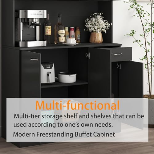 Image of Modern Kitchen Pantry Cabinet, 70.86 inch Tall Freestanding Cupboard with Multi-Tier Storage Rack and Microwave Stand for Kitchen, Living Room,Black