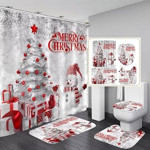 DDQQ 4Pcs Merry Christmas Shower Curtain Set with Rugs Snowman Bathroom Sets Holiday New Year Shower Curtain with 12 Hooks Bathroom Rugs Bath Mats Toilet Lid Cover Cover