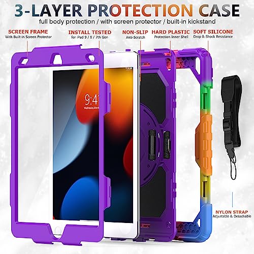 SIBEITU Case Compatible with iPad 9th/8th/7th Generation with Screen Protector Pen Holder, iPad Case 10.2 Inch, Heavy Duty Protection Cover W/Stand Hand Shoulder Strap for iPad A2602 A2197