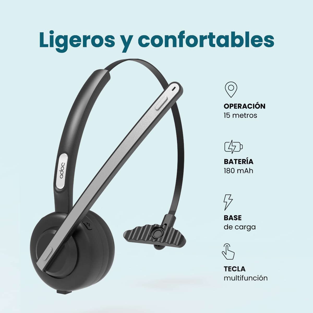 ADOC BT01 Auriculares Bluetooth Monoaurales con Micrófono Giro 270 Grados, Cancelador de Ruido, Diadema Ajustable, Tecla multifunción, Batería Duradera. Uso por Ambos Lados (Oreja Derecha/Izquierda).