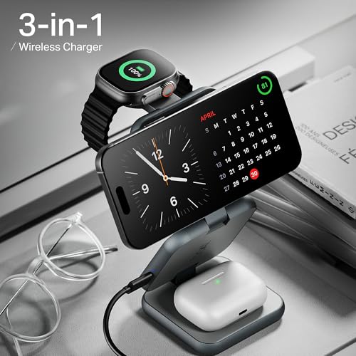 Image of Boat FlexCharge 360 3-in-1 15W Wireless Charger, Foldable, Magnetic Magsafe & Multi-Angle Charging; LED Indicator & Anti-Slip Finish for Apple iPhone 16|15|14, Apple Watch & AirPods (Slate Grey)