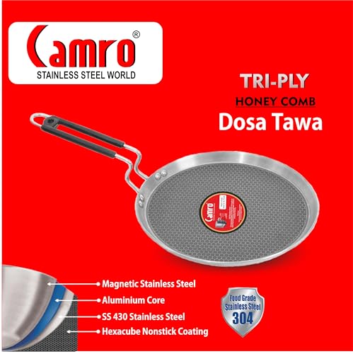 Image of Camro Tawa for Roti and Dosa | Triply Honeycomb Tawa 28cm | Induction Base Dosa Tava Non Stick | Perma-Cool Handles | Base & Induction Compatible | Metal Spoon Friendly | Sturdy Handles