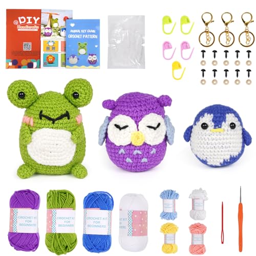 Beginners Crochet Kit - 3 Pattern Cute Animals Frog, Owl, Penguin, Crochet Starter Kit for Adults and Kids DIY Crocheting Knitting Kit with Step-by-Step Video Tutorials and Yarns, Hook, Accessories