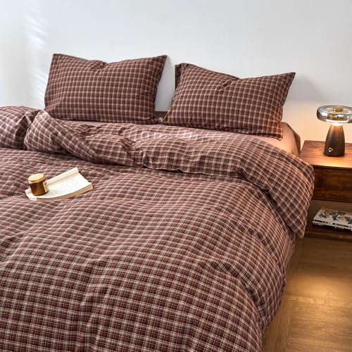 Image of EAVD Vintage Style Burgundy Gingham Duvet Cover Full 100% Washed Cotton Like Linen Feel Soft Checkered Grid Plaid Bedding Set with 2 Pillowcases Farmhouse Grid Geometric Duvet Cover with Zipper