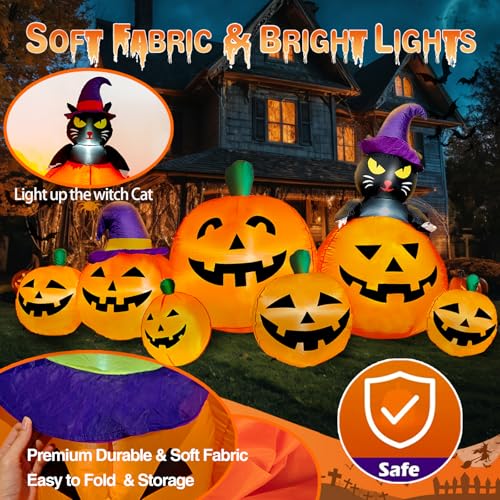 Image of 8 FT Long Halloween Inflatables Pumpkin Outdoor Decorations, 7 Pumpkins Outside Decoration with Black Cat with Build-in LEDs Blow Up Inflatables for Party Yard Lawn Garden Decor