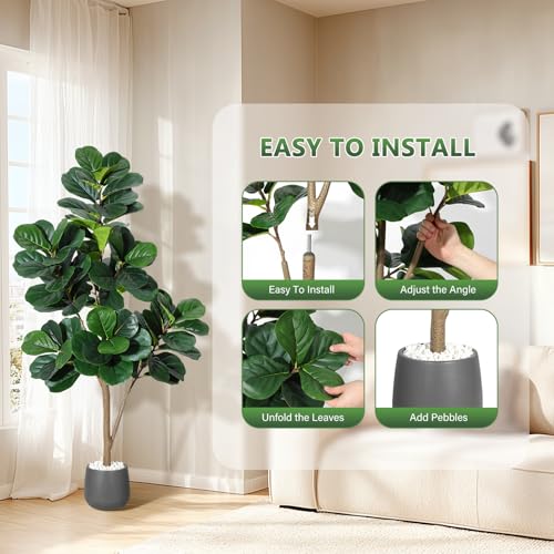 5FT Fiddle Leaf Fig Tree Artificial with 77 Leaves - Realistic Faux Ficus Lyrata Trees in 7.8" Grey Planter Pot, Indoor Fake Floor Plants for Home Office Living Room Decor, Housewarming Gift
