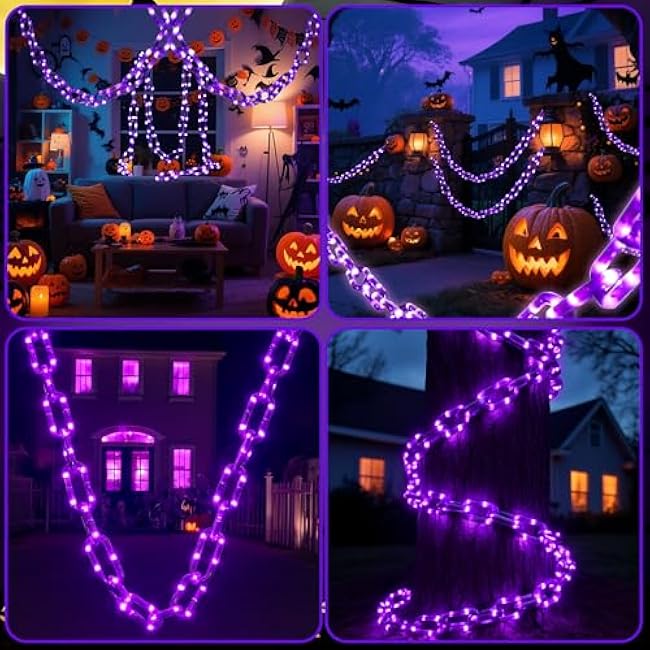 Battery Operated Halloween Lights, 10.5FT 175 LED Plastic Chains Lights, 8 Modes Waterproof Timer String Light for Skeleton Dog Creepy Costumes Accessories Spooky Outdoor Decorations(Purple)