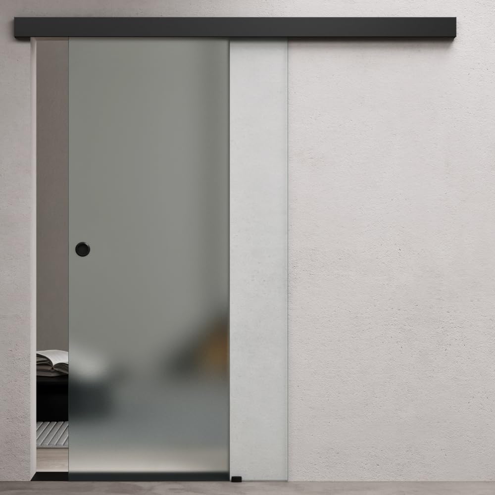 Durovin 1025 * 2050mm Internal Sliding Glass Door - Fully Frosted - Black Round Handle & Rail - with Soft Close & Track 5ft for Bathrooms Kitchens Living Room Bedroom
