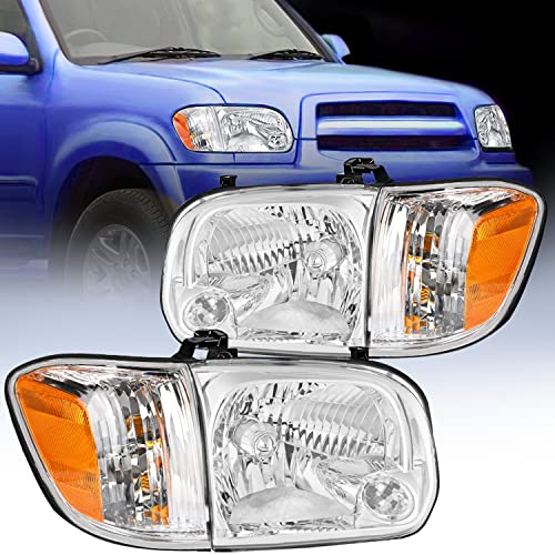 Image of Nilight Headlight Assembly for 2005 2006 Toyota Tundra 4 Door Double Crew Cab 2007 Sequoia Pickup Replacement Chrome Housing Amber Reflector Driver and Passenger Side