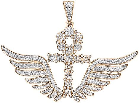 Men's 10K Rose, White or Yellow Gold Diamond Ankh Pendant Cross with Wings 3.3ctw by Luxurman