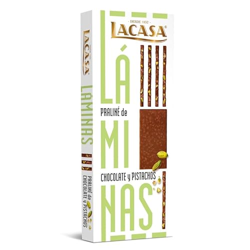 Láminas Praliné Lacasa | Chocolate con Leche y Frutos Secos | Sabores Almendra y Pistacho | Estuche 8 Láminas (128 g) (PRALINE PISTACHO)