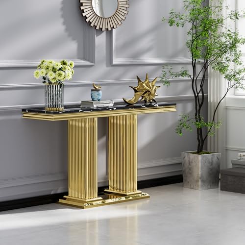 Modern Marble Console Table, Luxury Black Faux Marble Entryway Table