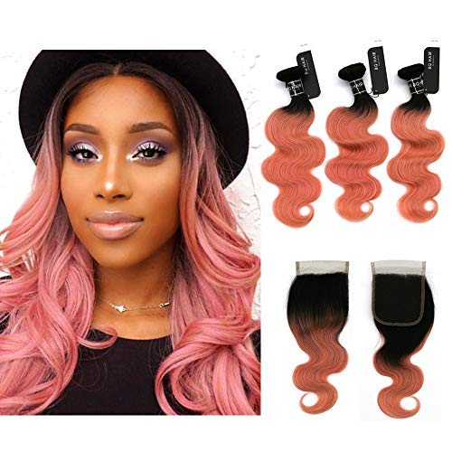 BQ Ombre Color Hair (10"12"14"+closure 8", 1b/Rose Gold)