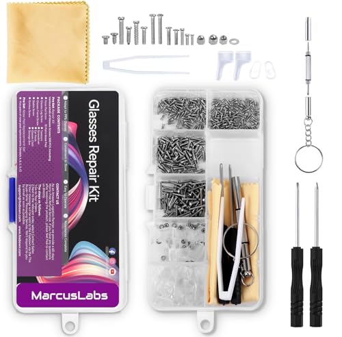 MarcusLabs Glasses Repair Kit Spectacles Repair Tool Kit Set with Mini Screwdriver Set Screws Nut Silicone Nose Pads Glasses Cloth Tweezer