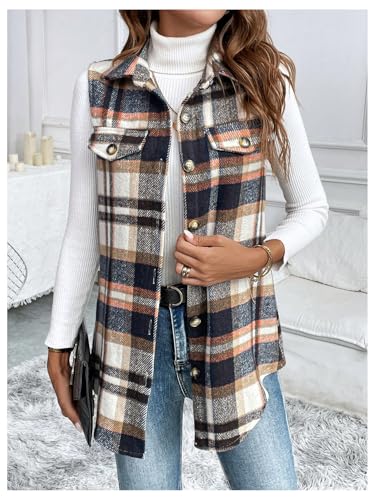 WDIRARA Women's Plaid Vest Button Down Sleeveless Shacket Jacket Collar Outerwear3
