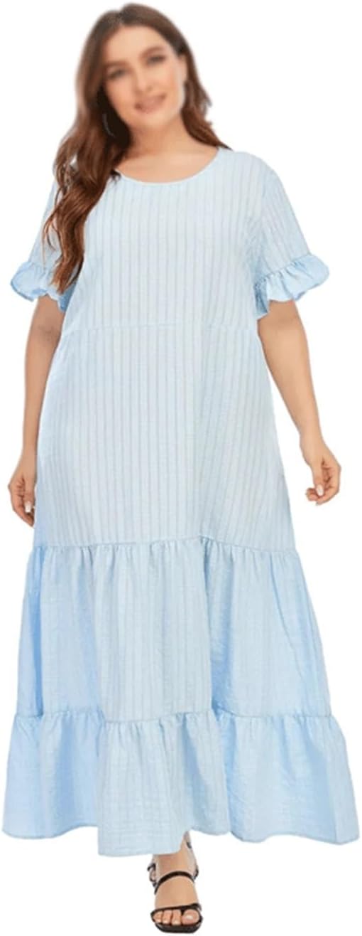 JSEIAJB Dresses for Woman Short Sleeve Through Striped Ruffles Dress Loose Maxi Long Casual Dresses