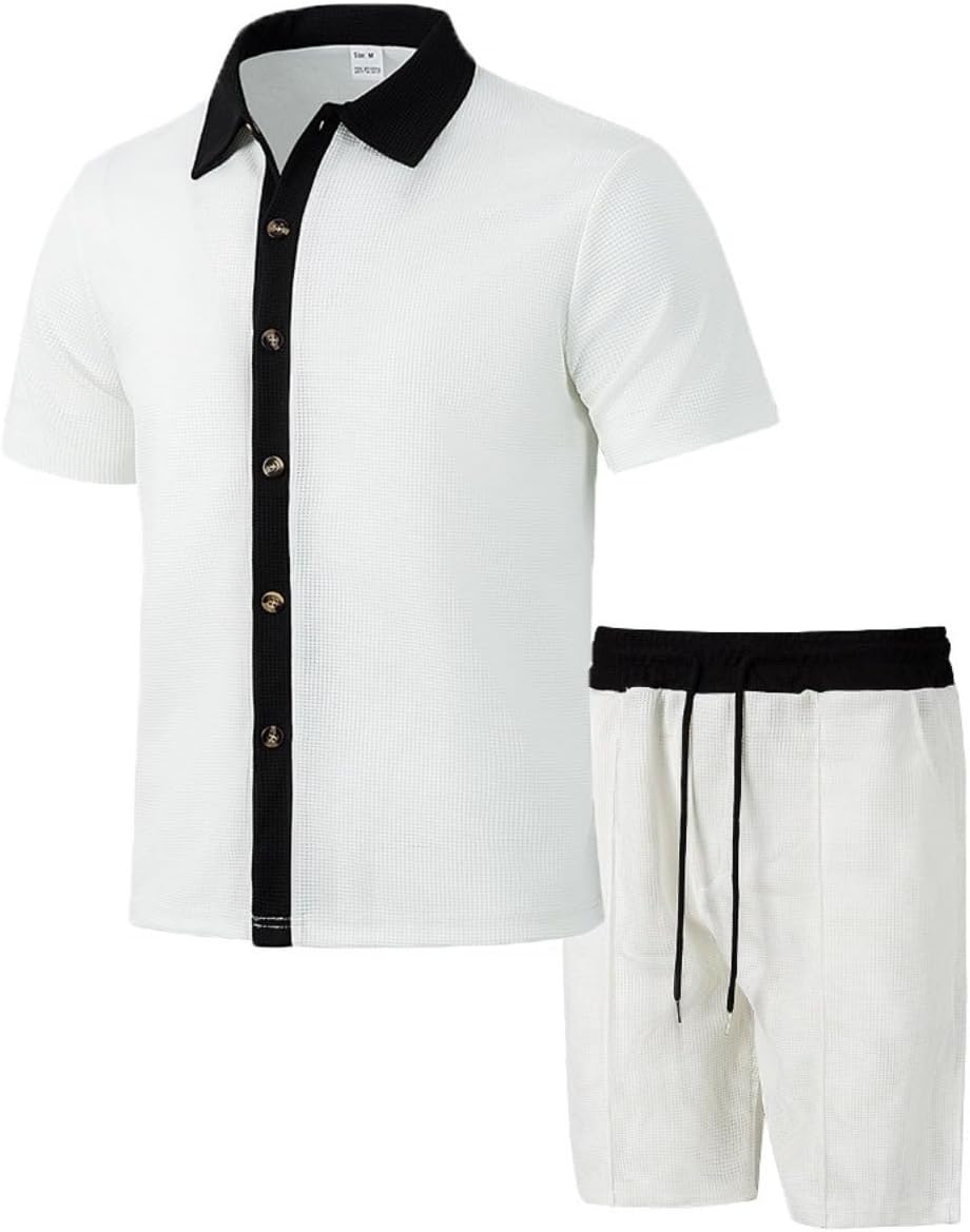 Men's Casual Outfits 2 Piece Sets Summer Corduroy Short Sleeve Button Down Shirt and Cargo Shorts