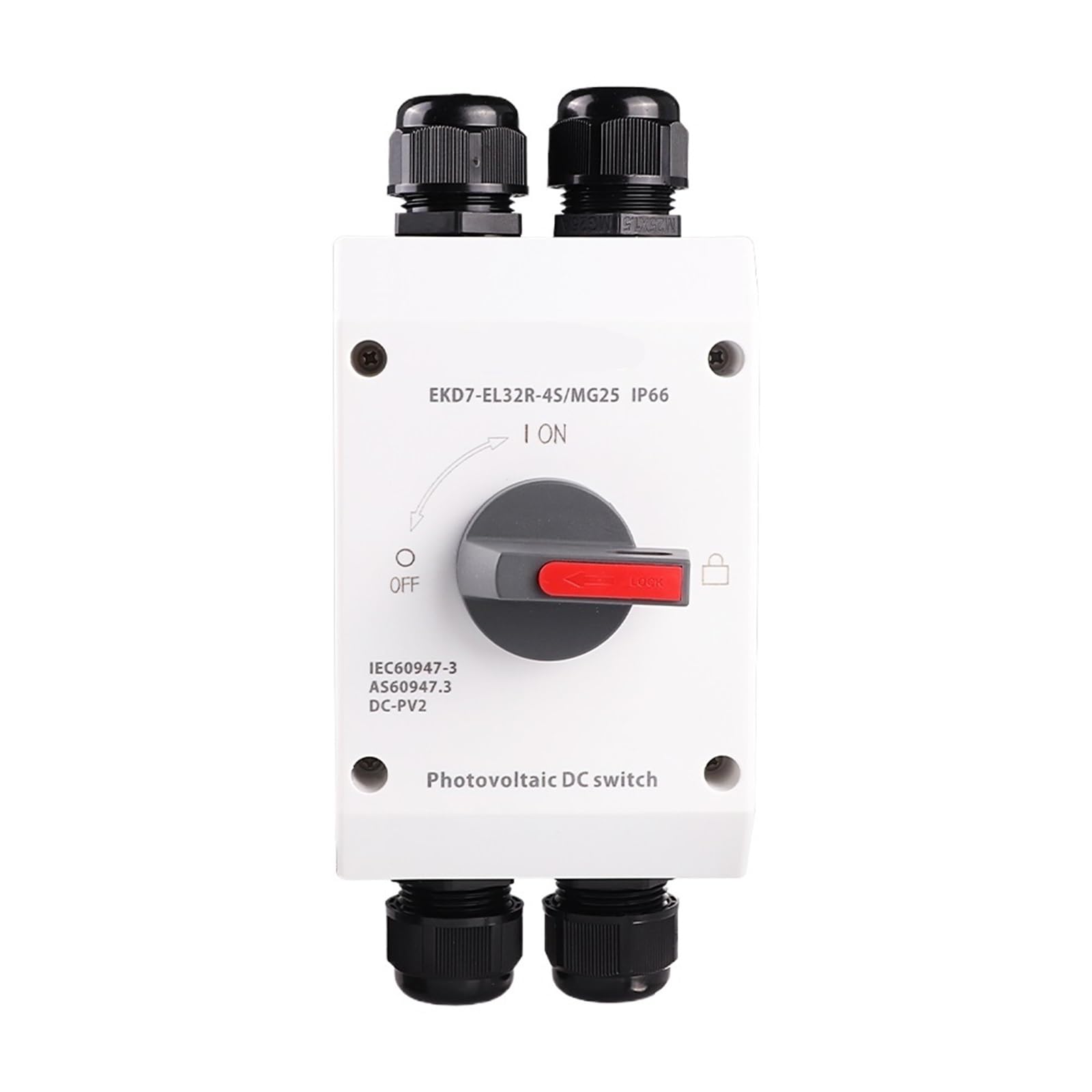Interruptor de aislamiento solar fotovoltaico para exteriores, interruptor solar fotovoltaico 4P 1000V 32A UKPM mango giratorio IP66 impermeable EKD7(EKD7-EL32R-MG25)