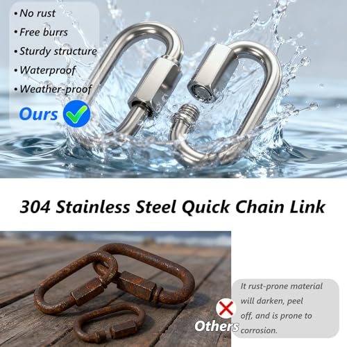 Reedny 304 Stainless Steel Heavy Duty Quick Chain Links 5/32\", 1/4\", 5/16\", 3/8\", 1/2\" D Shape Thread Quick Link Connectors Screw Carabiner for Connecting Hammock, Shade Sail, Rigging (5/32\" 8Pcs)