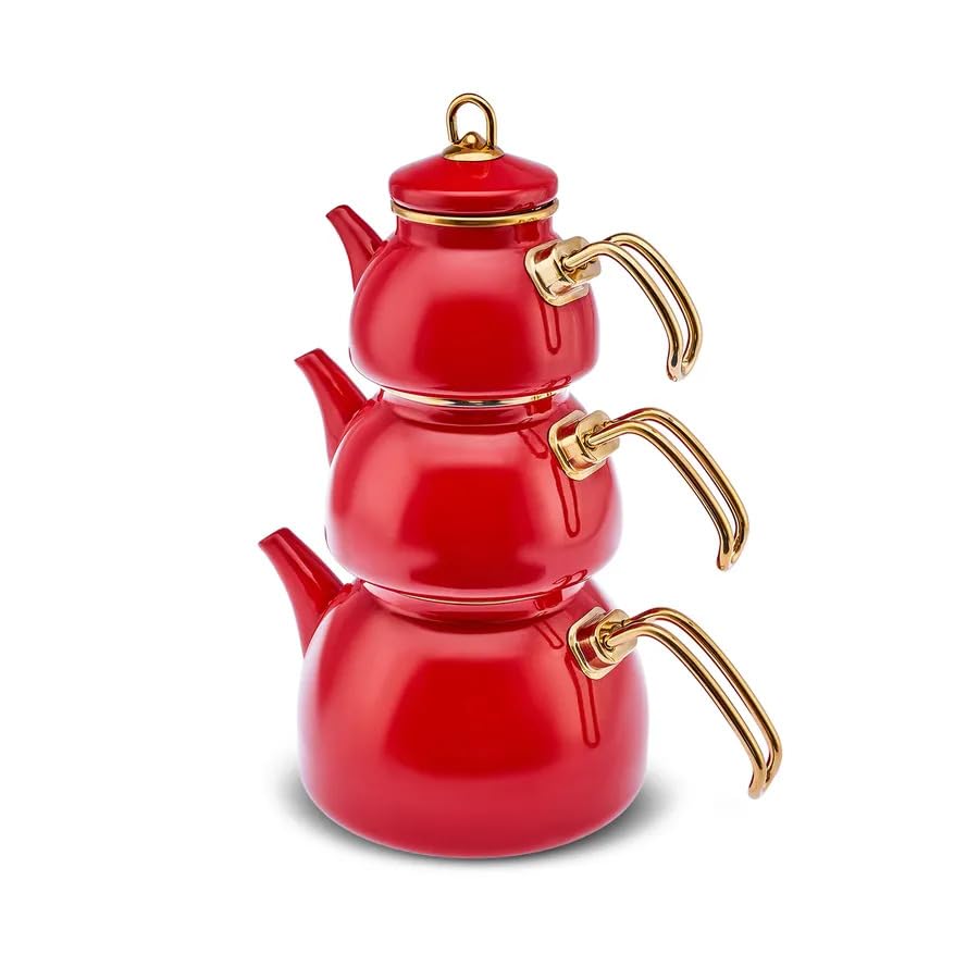 Karaca Retrò Emaye Set di 3 teiere smaltate di alta qualità per bevande eleganti e feste di tè nostalgiche – Capacità 0,50 l, 1,1 l e 2,3 l