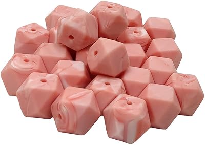 30pcs Dark Marble Pink Color 14mm Silicone Hexagon Pearl Beads Silicone Geometry Spacer Beads for DIY Beading Mom Jewelry Necklace Making
