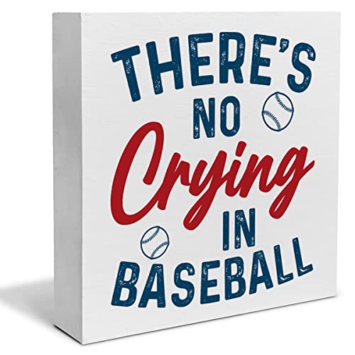 Image of Baseball Lovers Decorative Wooden Box Sign There's No crying in Baseball Wood Block Plaque Decor Home Table Shelf or Wall Display