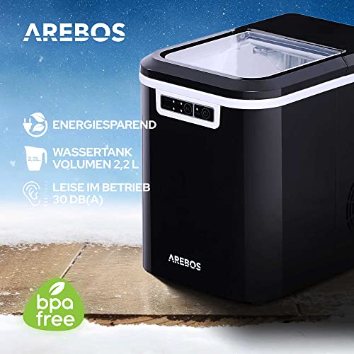 Arebos Eiswürfelmaschine | Ice Cube Maker | 12 kg / 24 h | 10-15 Minuten Produktionszeit | 2 Eiswürfel-Größen | 2,2 Liter Wassertank | Eiswürfelbereiter | Leise | Selbstreinigungsfunktion | Schwarz – Bild 4