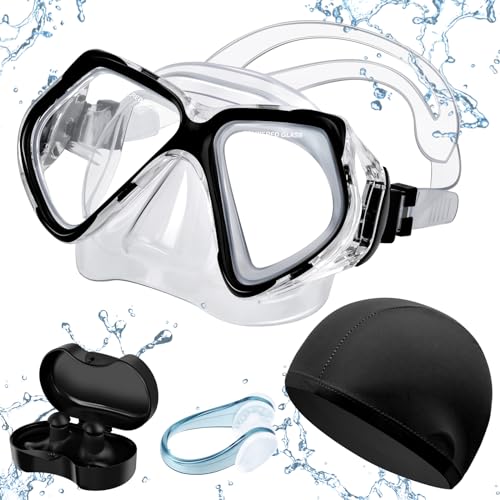 MengQiLe Gafas de Buceo PVC, Mascara Buceo, Gafas de Buceo con Tapa para la Nariz, Gafas de Buceo Antivaho y Antifugas Panorámicas HD de 180°para Adultos Mayores de 16 Años (Negro)