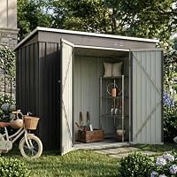 BIRCHTREE Garden Shed Metal Pent Roof 4FT X 8FT Outdoor Storage With Free Foundation Grey and White