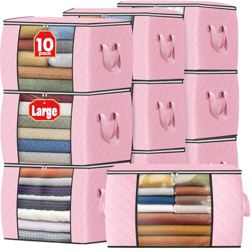 Image of Fab totes 24 Gallons Clothes Storage, Foldable Thick Fabric Blanket Storage Bags, Containers for Organizing Bedroom, Closet, Clothing, Comforter, Organization with Handle (10 Pack,Pink)