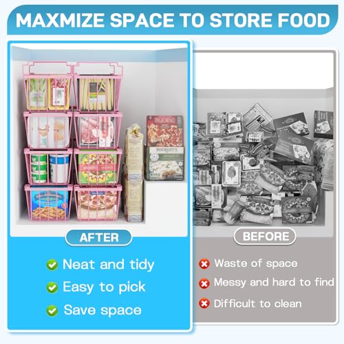 Image of SUNALLY Freezer Organizer Bins, 8 Pack Stackable Chest Freezer Organizer for 5-7 Cu.FT Deep Freezer Sort Frozen Meats and Food, Freezer Storage Baskets with Handles Easy Reach from Bottom, Pink