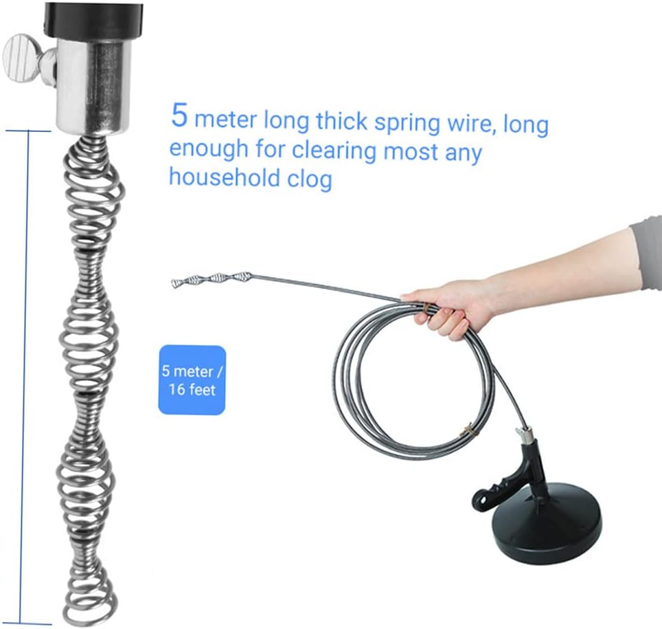 Drain Auger Snake, 16ft Pipe Clog Remover for Bathtub, Bathroom Sink, Kitchen Sink, Manganese Steel, Black, Hair Removal Tool