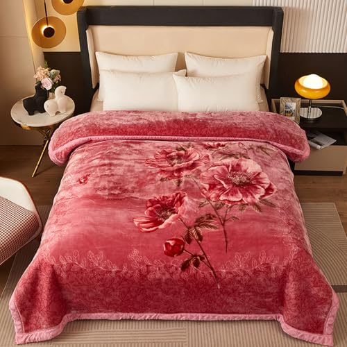 MODUSKYE Heavy Korean Mink Blanket, 5.5LB 2 Flowers Thickness Winter Blanket 59 * 78inch Plush Double-Layer Ultra Soft Weighted Blankets for Bed(Tipsy Pink)
