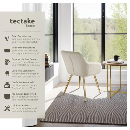tectake® Esszimmerstuhl, Sessel bequem mit Armlehne, Polsterstuhl, Samtstoff Cocktailsessel, Loungesessel für Wohnzimmer, Esszimmer, Moderne Küchenstühle, Bürostuhl créme/Gold