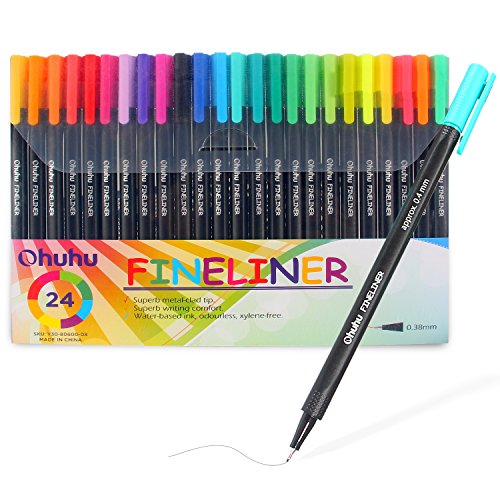 Ohuhu 24 Colors Fineliner Pens, 0.4mm Colored Fine Line Marker Marking Pen for Journal Book Sketch Drawing Fine Liner Coloring Book, Back to School Art Supplies
