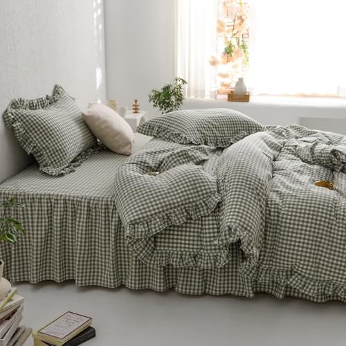 Image of mixinni Green Ruffle Duvet Cover King Size 3 Pieces - 100% Washed Cotton, Vintage Plaid Ruffled Bedding Set with Zipper Ties, Soft Checkered Grid Farmhouse Chic Comforter Cover Set